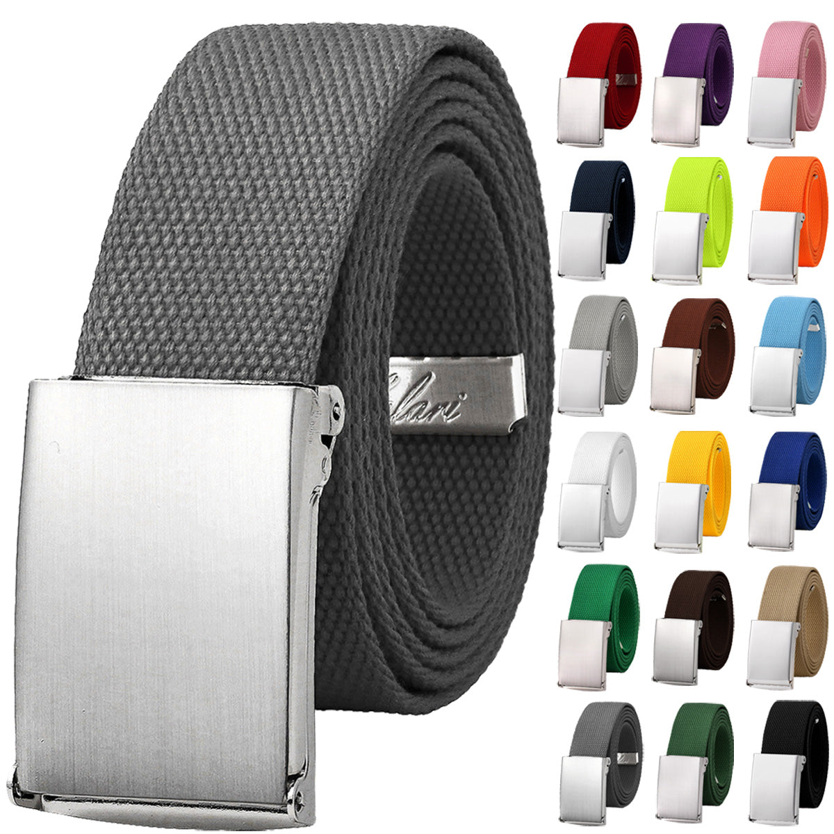 HQ Webbing Belts for Men Girls Ladies with Silver Buckle Plain Fabric